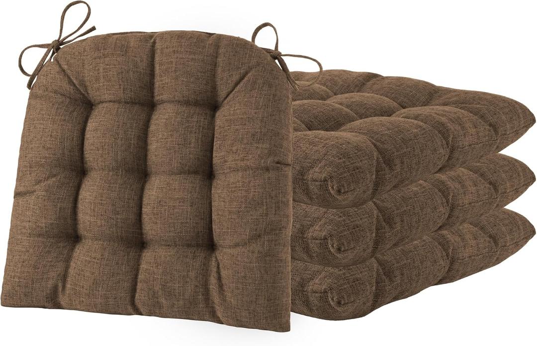 ELFJOY Tufted Chair Cushions for Dining Chairs Set of 4 Premium U-Shaped Chair Pads with Ties Comfortable Seat Cushion for Kitchen Office Dining Room (17"x 16"x 3" Coffee)