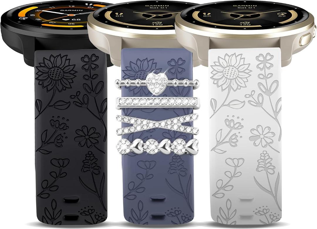 18mm Sunflower Silicone Band Compatible with Garmin Vivoactive 4S/Venu 2S/Venu 3S/Vivomove 3S, Women Flower Engraved Silicone Replacement Strap Compatible with Garmin Forerunner 255S/265S