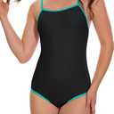 Beautikini Period Swimwear - One Piece Bathing Suit Menstrual Leakproof Swimsuit for Teen Girls and Women (Large, Lake Blue Black)