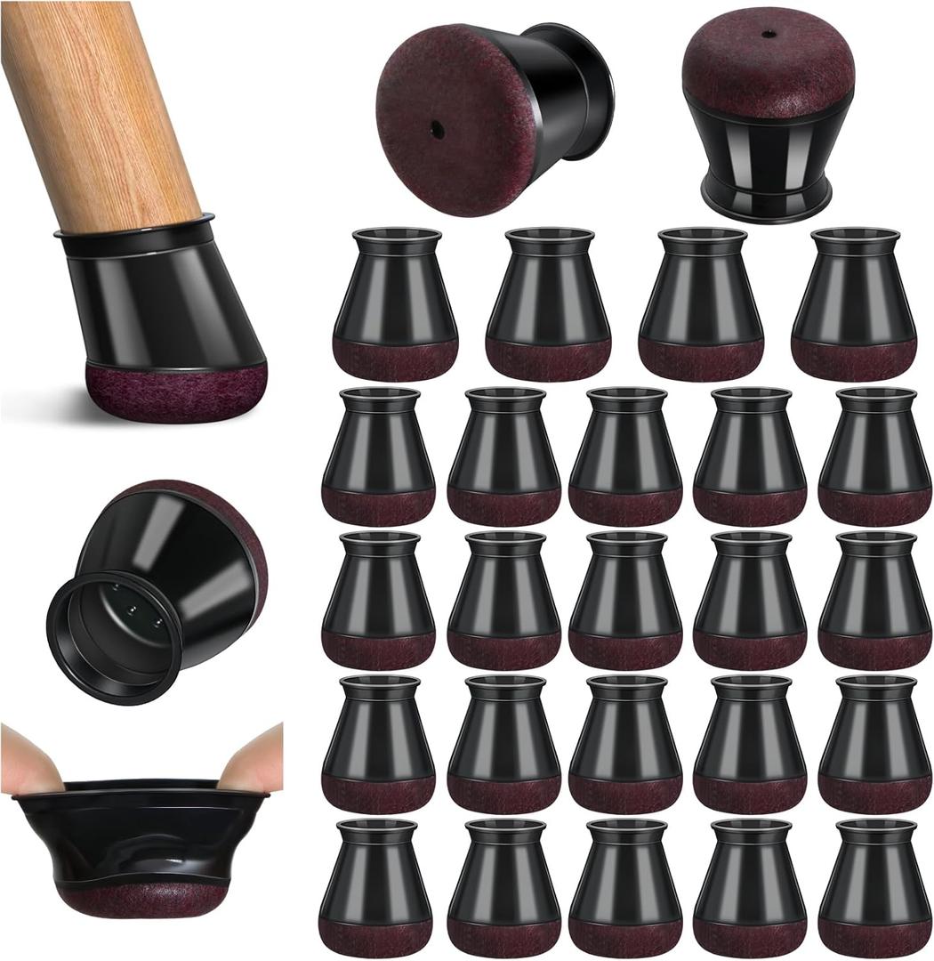 24 Pcs Chair Leg Floor Protectors, Black Silicone Chair Leg Protectors Caps Covers for Hardwood Floors, Furniture Pads Sliders with Wrapped Felt Bottom Small (Fit:0.5"-0.75")