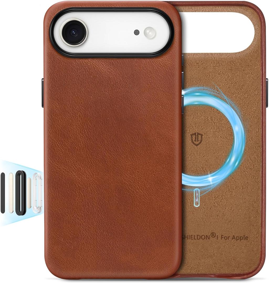 SHIELDON Genuine Leather Case for iPhone Air 6.5" 2025, Compatible with Magsafe, [Camera Button Updated], Magnetic Wireless Charging Slim Protective Cover with Metal Button, Camera Bezel - Retro Brown