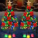 Retisee 2 Set 43 Inch Solar Christmas Tree Lights Outdoor Waterproof Decorations with Velvet Bow Xmas Tree Solar Landscape Path Lights 8 Modes Solar Powered Christmas Decor for Outside Yard Cemetery