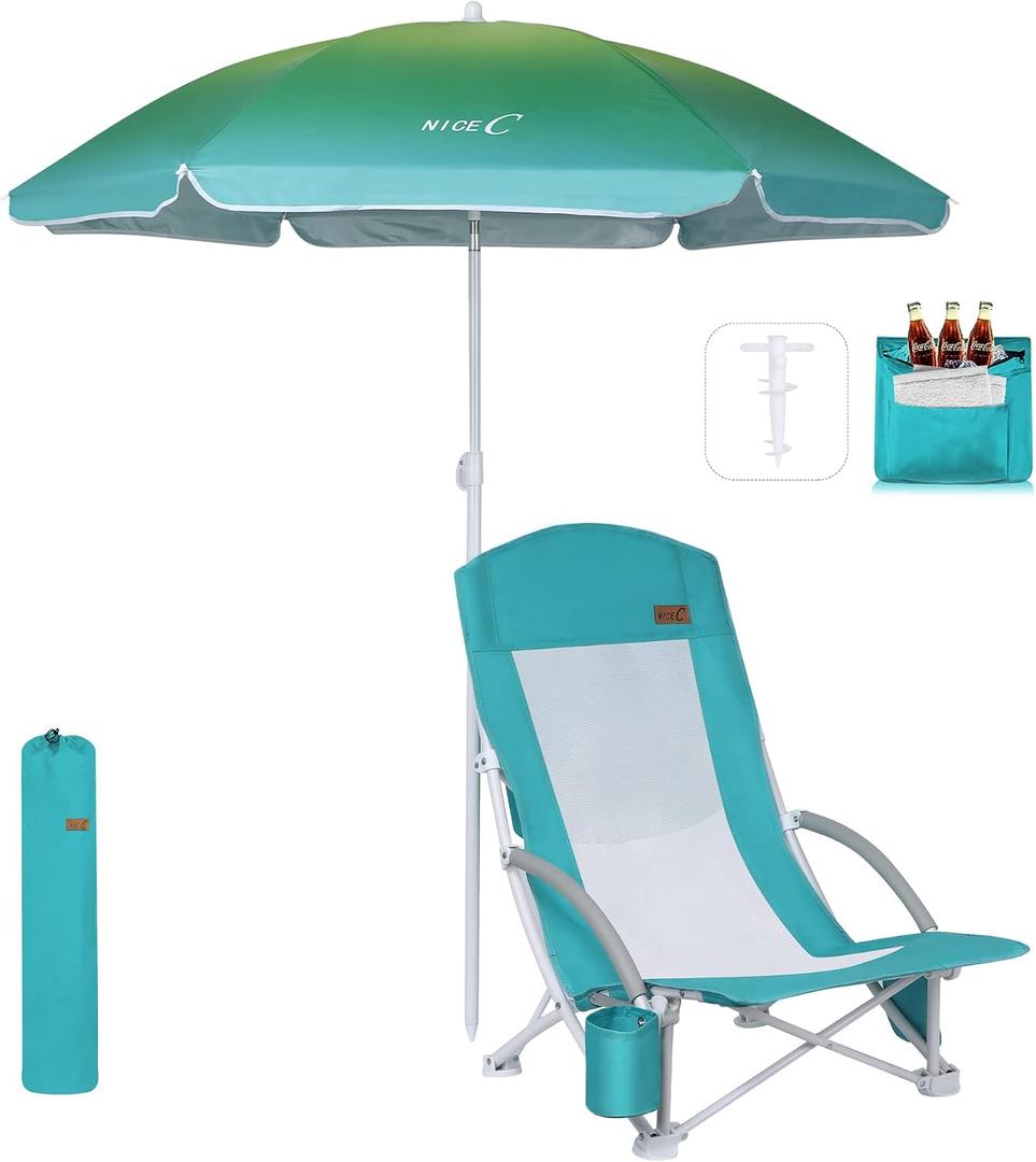 Nice C Beach Chair, Beach Chairs for Adults with Umbrella and Cooler, High Back, Cup Holder & Carry Bag & Heavy Duty Compact Outdoor, Camping (One Blue), 15.75 inches x 22.83 inches x 31.5 inches