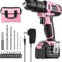 WORKPRO Pink Cordless 20V Lithium-ion Drill Driver Set, 1 Battery, Charger and Storage Bag Included - Pink Ribbon