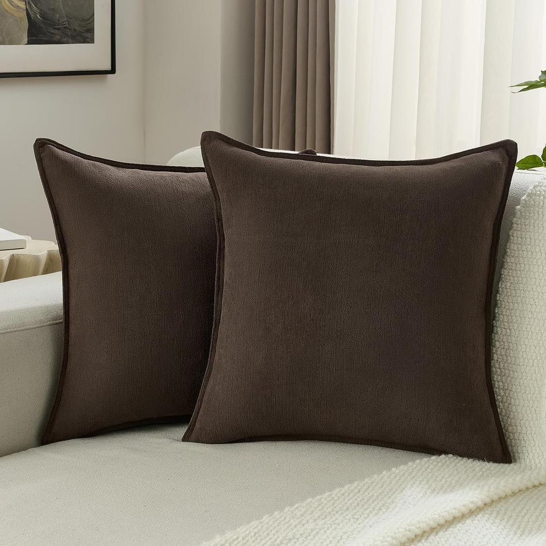 FUTEI Pack of 2 Solid Chenille Throw Pillow Covers 22x22 Inch Soft Edge Decorative Cushion Cases Farmhouse Accent for Couch Bed Living Room, Dark Coffee