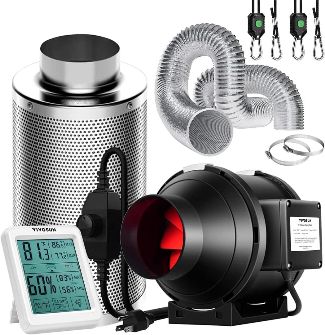 VIVOSUN 4 Inch 190 CFM Inline Fan with Speed Controller, 4 Inch Carbon Filter and 8 Feet of Ducting, Temperature Humidity Monitor for Grow Tent Ventilation