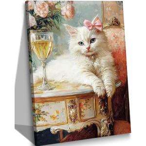 Elegant Vintage Cat Canvas Wall Art Whimsical White Cat Poster Print Funny Retro Bar Cart Picture Eclectic Animal Paintings Wall Decor for Living Room Bedroom Kitchen Office 16x24in Framed