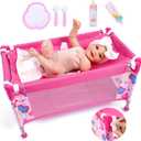 BABESIDE 7PCS Baby Doll Crib for 18'' Dolls, Baby Doll Bed with Storage Bag and Feeding Care Accessories Set , Doll Crib Doll Furniture for Girls Age 3+,Pretend Play Toy Gift for Kids Age 3+