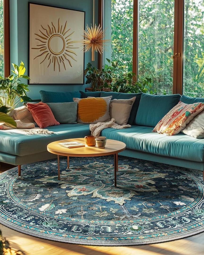 Area Rugs 8ft Washable Non-Slip, Floral Vintage Distress Print Pattern Medallion Carpet for Living Room Bedroom Dining Room, Teal Green Lake Blue Turquoise