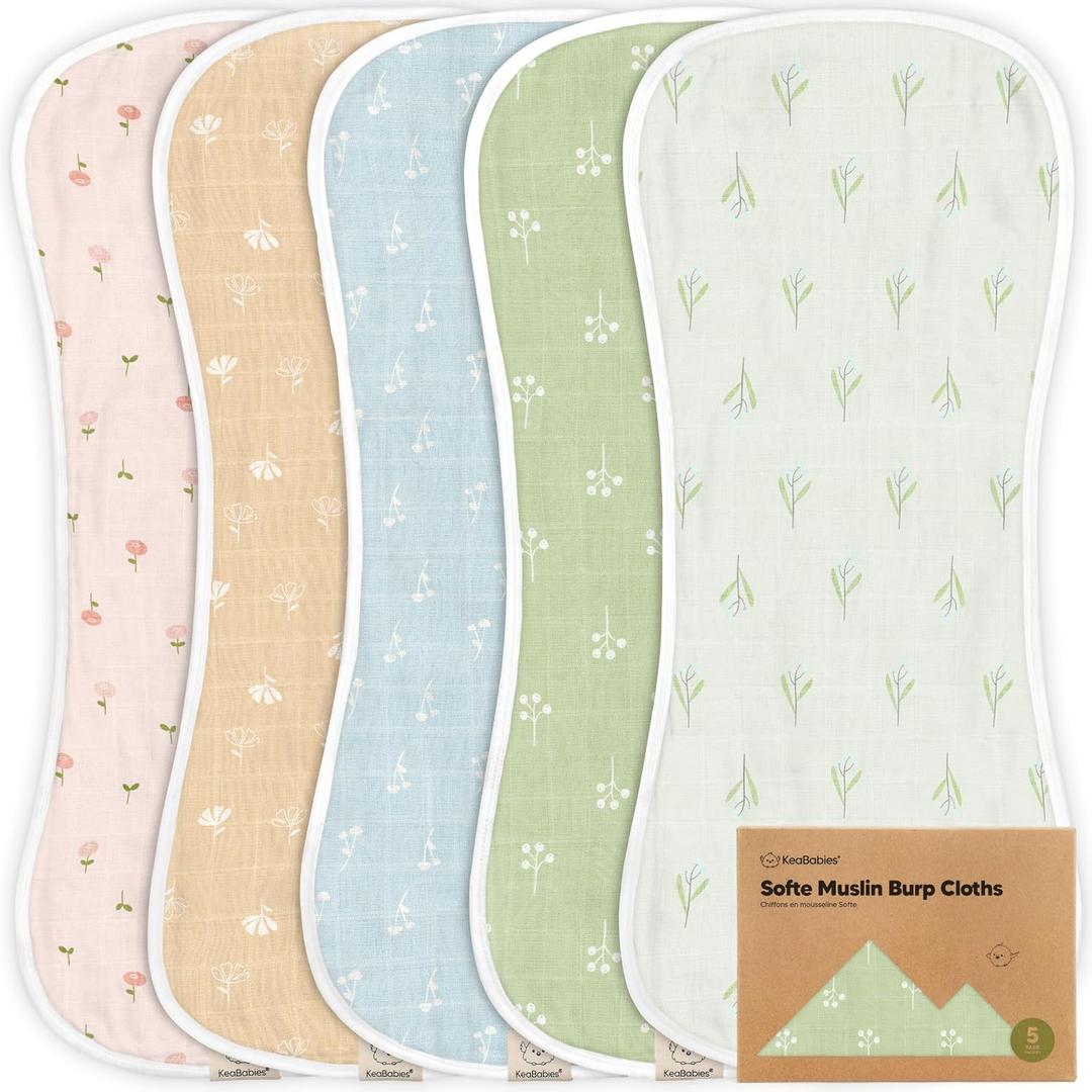 5-Pack Muslin Burp Cloths Baby Boy, Girl - Very Absorbent Baby Burp Cloth Rags, 8-Layers Viscose Derived from Bamboo Cotton Muslin Towel, Super Soft Spit Up Rags, No Shrink Washcloths (Wild Bloom)