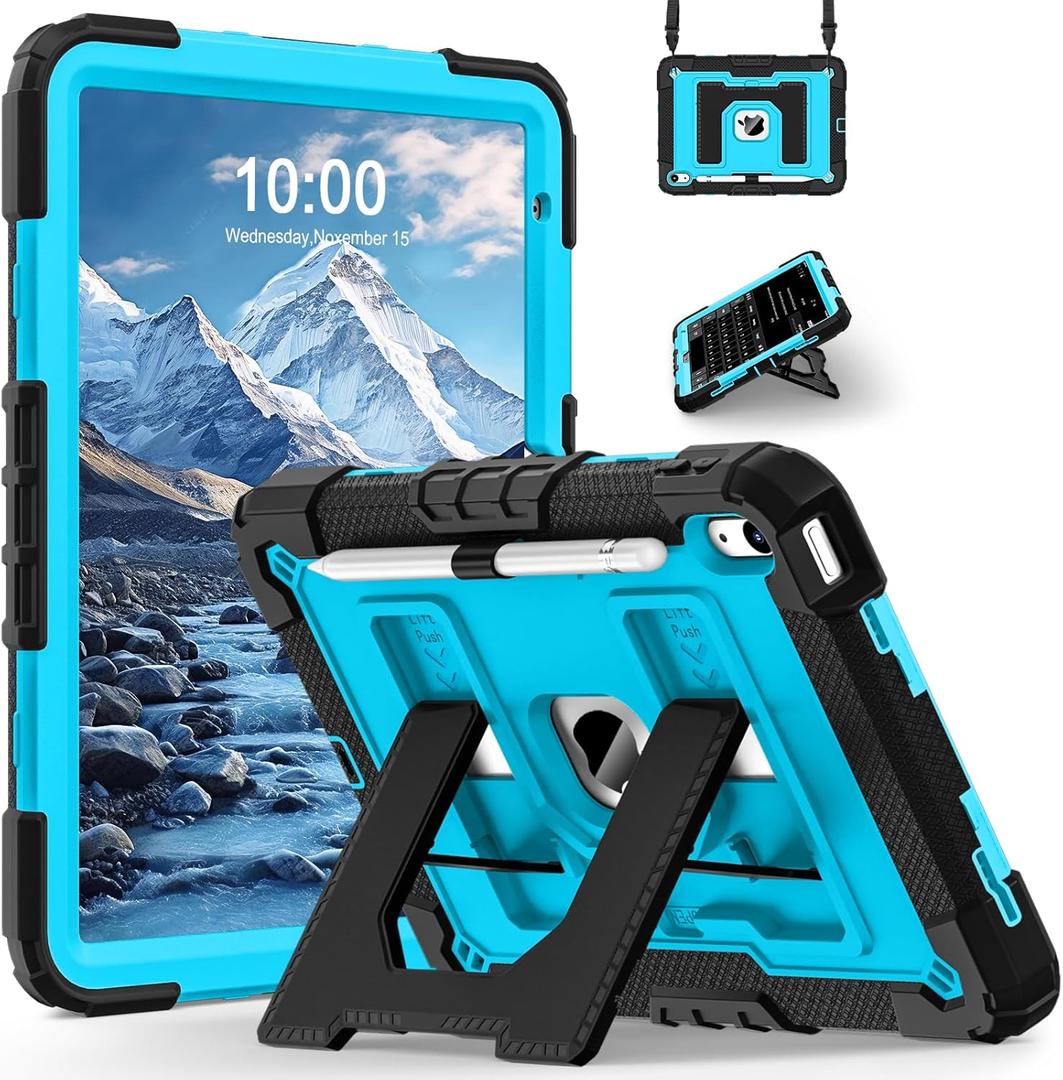 for iPad (A16) 11th/10th Generation 11/10.9 Inch 2025/2022 Kids Friendly iPad Case 10th Generation with Pencil Holder,Heavy Duty Shockproof Cover for i Pad 11th/10th Gen,Black Blue