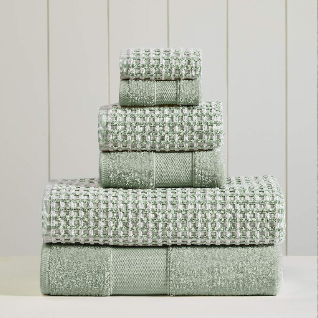 Modern Threads 6-Piece 100% Combed Cotton Yarn Dyed Cobblestone Jacquard Towel Set Mineral Green (Standard)