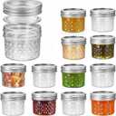 FRUITEAM 4 oz 12 PACK Mini Mason Jars with Lids and Bands, Quilted Crystal Jars Ideal for Spice, Honey, Jam, Body Butters, Jelly, Wedding Favors, DIY Candles Decor (4x12 Crystal)