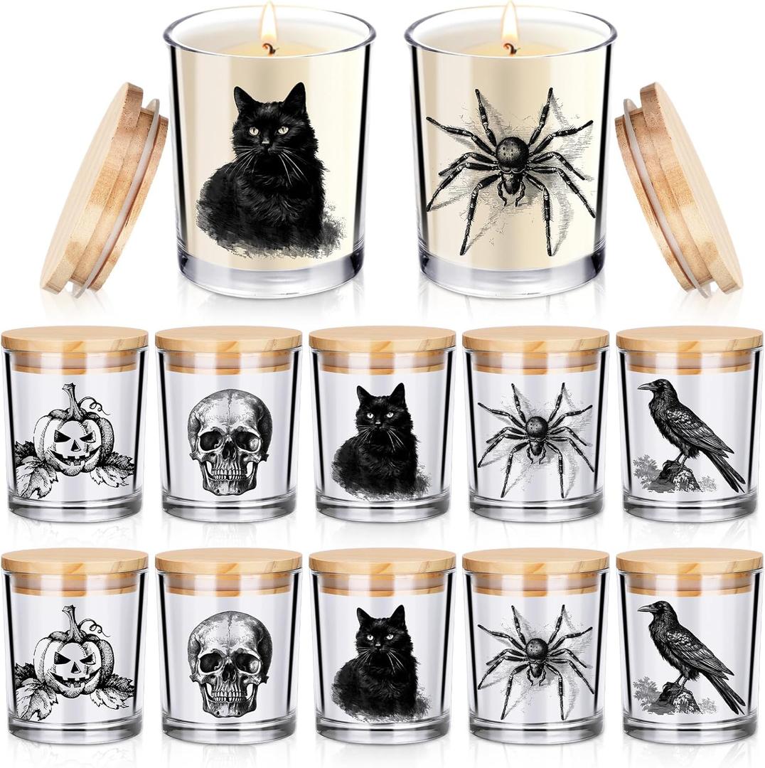 Ziliny 10 Pcs Halloween Horror Glass Candle Jars Empty Containers Bulk 7 oz Halloween Glass Jars with Cork Lids Tins for Holiday Candle Making Storing Biscuits Tea Party Favors Decorations