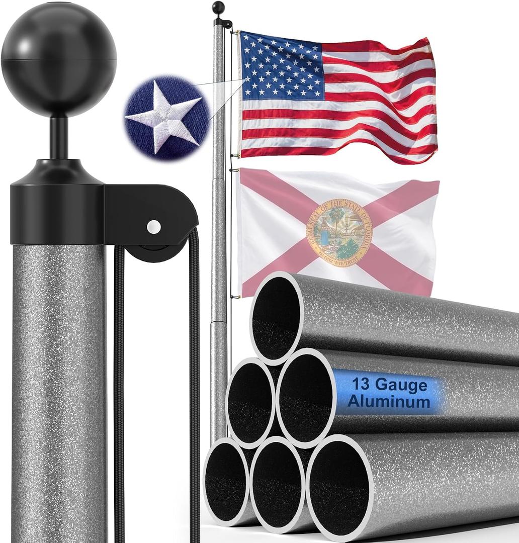 25FT Heavy Duty Flag Pole for Outside, 13 Gauge Aluminum In-Ground Kit | 90MPH Wind Tested, With 3x5 Embroidered American Flag, House Yard & Commercial Installation, Durable, All-Weather, Gray