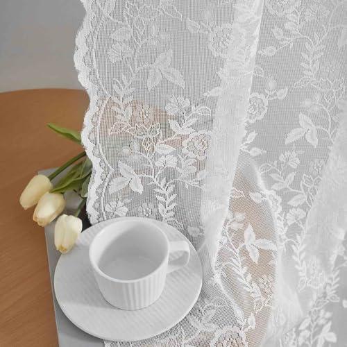 FINECITY White Lace Curtains 72 Inches Long for Bedroom, Country Leaf Floral Design Lace Curtain 2 Panels, Rod Pocket Vintage Privacy Window Sheer Lace Curtains, 42 x 72 Inch, 1 Pair, White