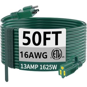 HUANCHAIN Indoor Outdoor Green Extension Cord 50 ft Waterproof, 16/3 Gauge Flexible Cold-Resistant Appliance Extension Cord Outside, 13A 1625W 16AWG SJTW, 3 Prong Electric Cable, ETL