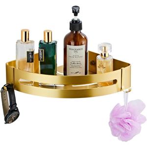 Brushed Gold Bathroom Corner Shelf Wall Mount Shower Organizer Shampoo Holder with Hooks,Adhesive or Drilling