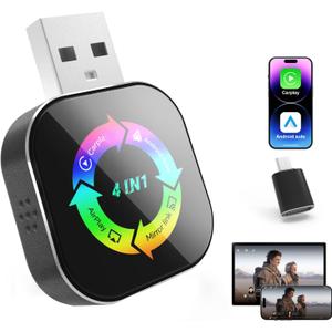 2026 Upgraded Wireless Carplay Adapter, 4 in 1 Screen Mirroring Support Mirror Link/AirPlay for Apple CarPlay & Android Auto, Mini USB/Type-C Plug & Play Car Play Adapter, Wired to Wireless No Latency