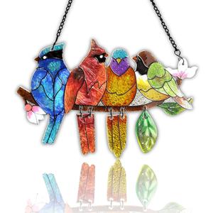 DASTOLL Stained Glass Window Hanging - Hummingbird on Branch Suncatcher Hand-Painted Double Side Stain Glass Cardinal Gifts Sun Catcher for Windows Doors Room Outdoor Home Decoration