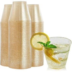 FOCUSLINE 9 oz Gold Plastic Cups, Disposable Clear Fancy Hard Plastic Cups, Gold Glitter, Heavy Duty, Reusable,100 Count