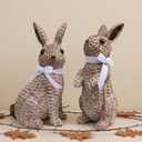 Rattan Effect Resin Easter Bunny Figurines Decor 2 PCS Wicker Looking Rabbit Decorations with Bow for Spring Table Centerpieces Indoor Farmhouse Home Decor (Large Rattan)