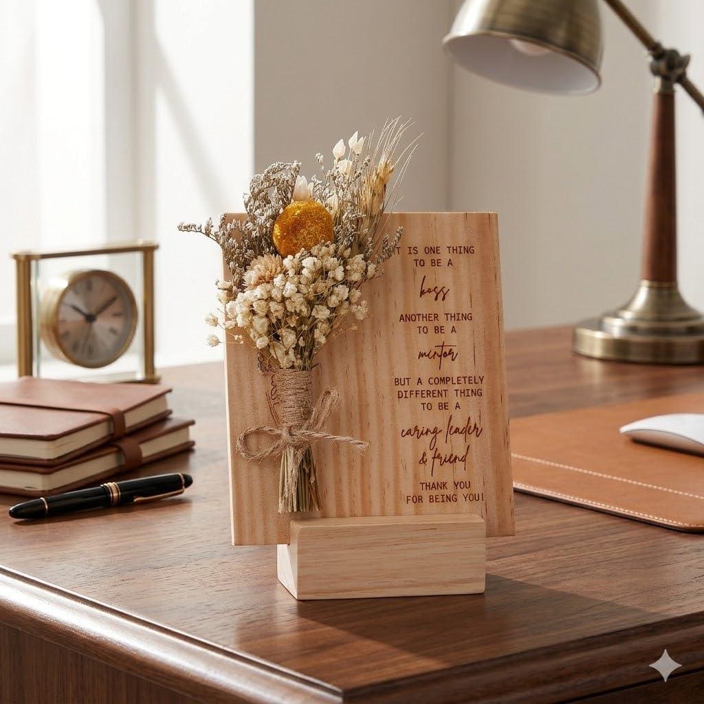 Boss Lady Gifts, Wooden Dried Flower Decorative Plaque, Best Bosses Lady Office Gifts, Desk Decoration For Women, Boss Day For Women Inspirational Desk Decor, 4x4.3 Inches