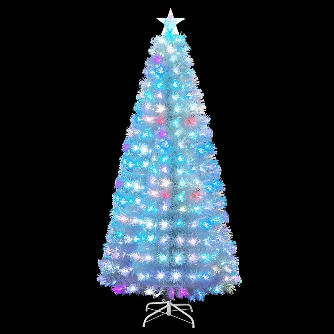 GOFLAME 7 FT Pre-Lit Christmas Tree Snow Flocked, Artificial Xmas Tree with 270 Branch Tips, Colorful Fiber Optics & 270 LED Lights, Holiday Decoration Tree with a Top Lighted Star, White