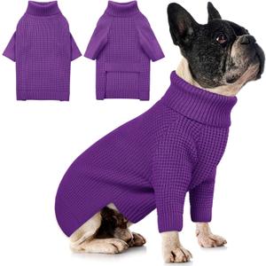 Queenmore Small Dog Sweater, Long Sleeve KnitSweater with Check Pattern, Warm Plaid Doggie Sweaters for Small Medium Dogs, Solid Pull-on Cat Knitwear, Purple S