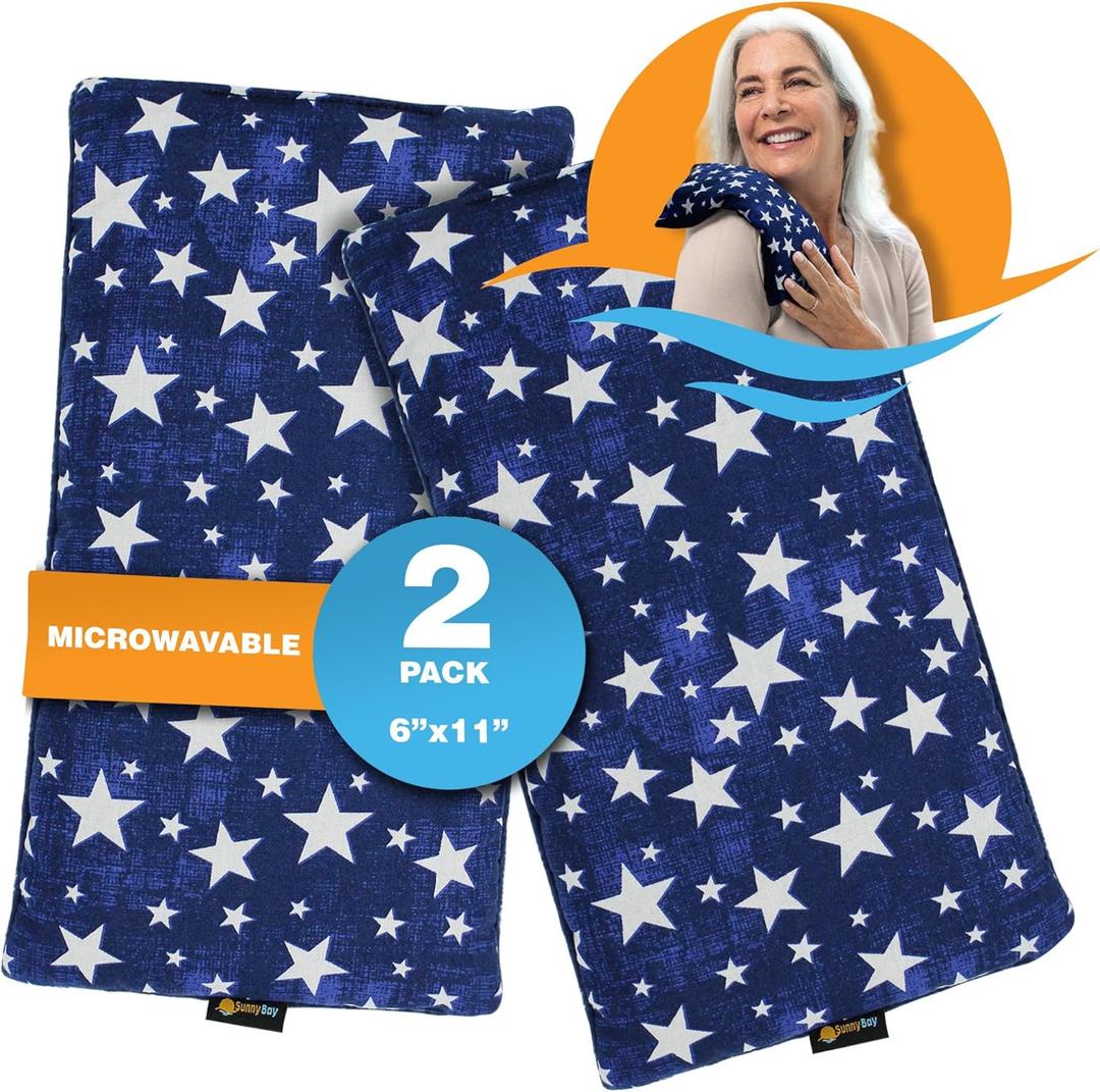 SunnyBay Small Microwave Heating Pad, Microwavable Versatile Cold/Heated Neck and Shoulder Wrap for Back Pain and More, Moist Heat Cotton-Fleece Pad, 6x11 Inches, Blue-Stars, Pack of 2