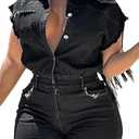 Nihsatin Women's Black Denim Washed Distressed Romper Button Down Jeans Playsuits size L