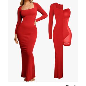Popilush Women's Long Sleeve Maxi Dress Built-in Shapewear Bra Square Neck Fall Formal Wedding Guest Cocktail Bodycon Dresses. Small