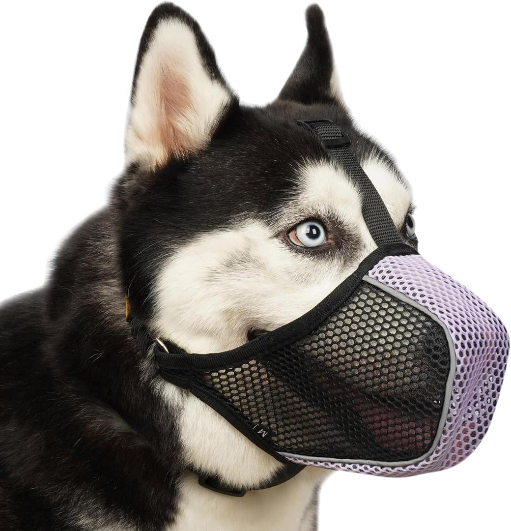 Mayerzon Dog Muzzle, Patented Mesh Soft Muzzles for Large Medium Small Dogs Poodle Husky Doberman Labrador Retriever for Scavenging Grooming Biting Chewing, Breathable Reflective Mussel with Collar (M-(Snout:9"-10"), Black/Purple)