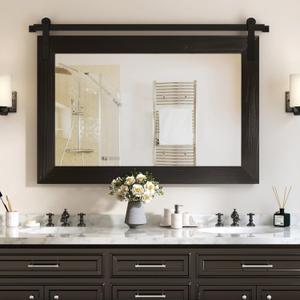 COGOOD Farmhouse Barn Door Mirror - 41" x 26" Rustic Wood Framed Wall Mirror for Bathroom, Living Room, Entryway Wall Decor (Black)