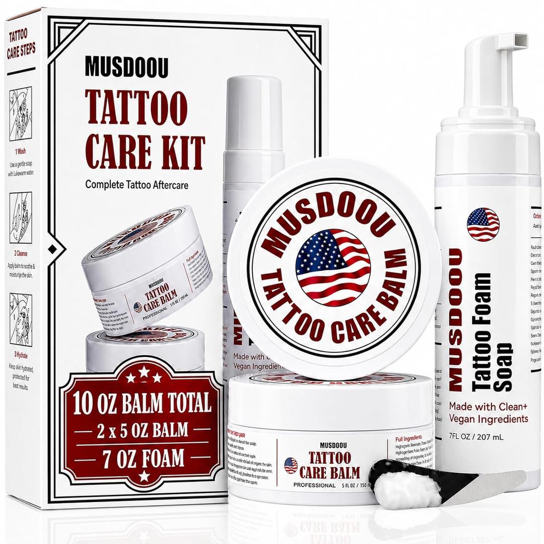 Tattoo Aftercare Kit, 10oz Tattoo Balm and 7oz Foam Soap, Moisturizes and Helps Protect Tattooed Skin, Revives New & Old Tattoo Appearance, pH Balanced Piercing & Tattoo Cleanser, Non-Petroleum Vegan