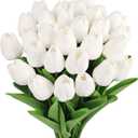 MACTING 30 PCS Artificial Tulip Flowers 13.7" Real Touch Fake PU Tulips Bouquet Faux White Flowers for Floral Arrangements Kitchen Table Centerpieces Home Summer Indoor Outdoor Decorations