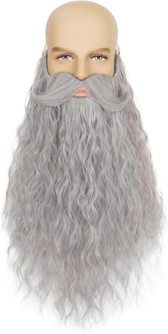 Yan Dream Long Curly Wizard Beard Men Full Fake Beard and Handlebar Mustache Cosplay Costume Facial Hair (Gray)