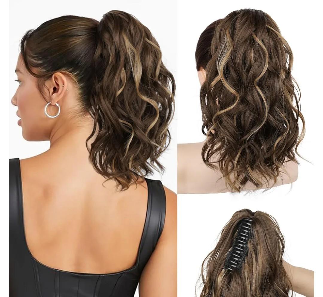 REECHO Ponytail Extension, 12" Claw Clip Ponytail Extension Short Ponytails Hair Extensions Jaw Clip on Pony Tails Natural Synthetic Hairpiece for Women Daily, Chocolate Brown with Highlights