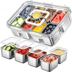 Stainless Steel Snackle Box Container, Dishwasher Safe Snack Box with 8 Removable Compartments, 142oz Large Capacity Divided Serving Tray with Lid and Locking Clips for Fruit Snacks Nut Picnic Travel