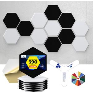 Self-Adhesive Acoustic Panels [390 lbs/yd Ultra-High Density], 2nd Generation Sound Absorbing Panel, Professional Level Sound Panel, Polyester Soundproof Foam [Size M, White & Black] (Medium Hexagon (12''X10''X0.4''))