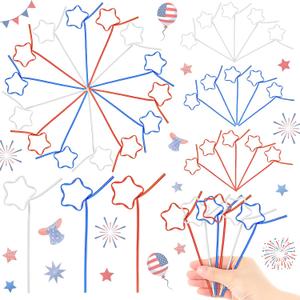150 Pcs Patriotic Star Crazy Silly Straws Bulk 4th of July Red Blue White Loop Silly Reusable Plastic Drinking Straws for Veterans Day, Election Independence Day Party Supplies Decoration