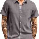 HUNGSON Men's Button Down Shirts Short Sleeve Casual Shirts Summer Beach with Pocket, XL, Grey