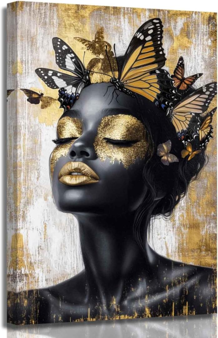 ZSHARTSWD African American Wall Art Gold Queen Pictures Black Woman Butterfly Canvas Prints Fashion Girl Paintings Bedroom Bathroom Office Home Decor Framed (Black, 24L x 16W)