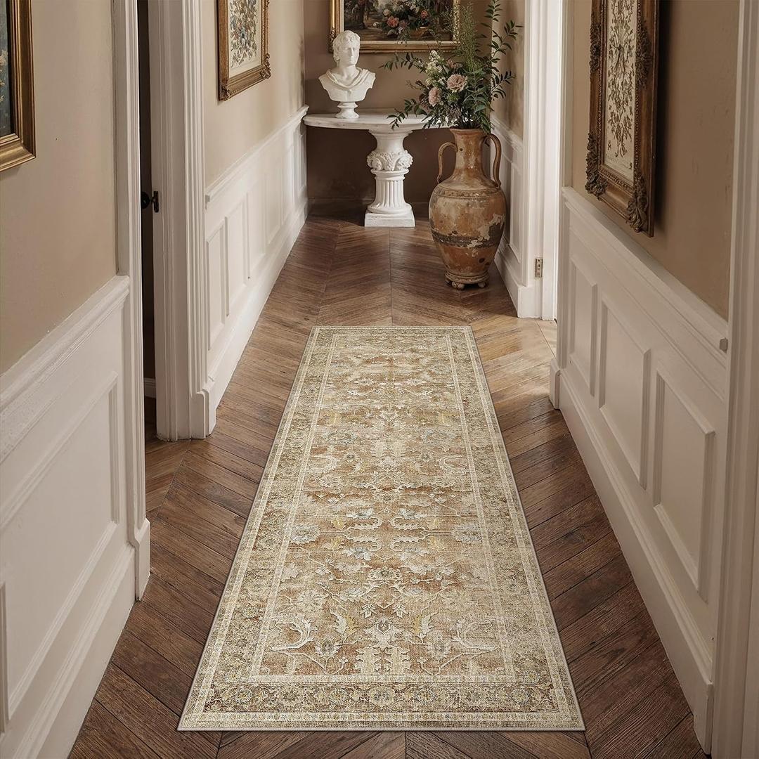 Non Slip 2x6 Kitchen Runner Rug for Hallway Washable Laundry Room Rug Vintage Distressed Floral Carpet for Entryway, Bathroom, Kitchen Rugs for Floor Beige