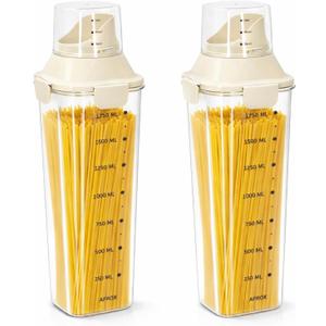 2Pcs Spaghetti Pasta Storage Container with Lids, Tall Clear Plastic Airtight Food Storage Jar, Snap-On Seal Design, Kitchen Pantry Container for Noodles Flour Cereal Coffee Beans, BPA Free 68 oz