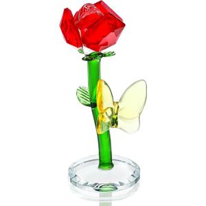 H&D HYALINE & DORA Red Crystal Rose Flower Figurine Butterfly Decor Glass Flowers with Stems Gift for Christmas Valentine's Day Mothers Day Birthday Home Table