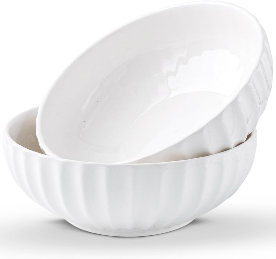 White Serving Bowls For Entertaining (7.8 inch) - Medium Sized Salad Bowls, Ceramic Serving Dishes, Large Bowl, Serving Bowl Set For Fruit Soup Pasta, Salad Serving Bowl, Big Dishes For Eating
