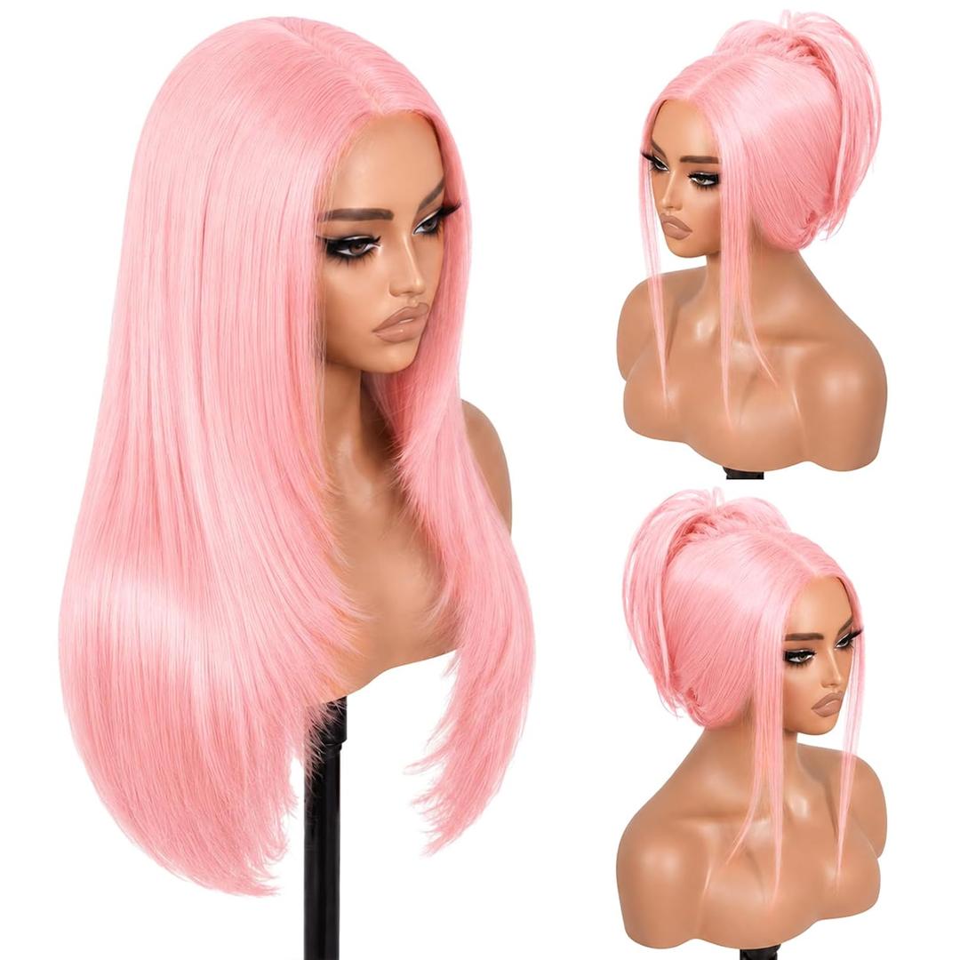 NOSTALGIA Light Pink Glueless Synthetic Lace Front Wig 26 Inch for Women