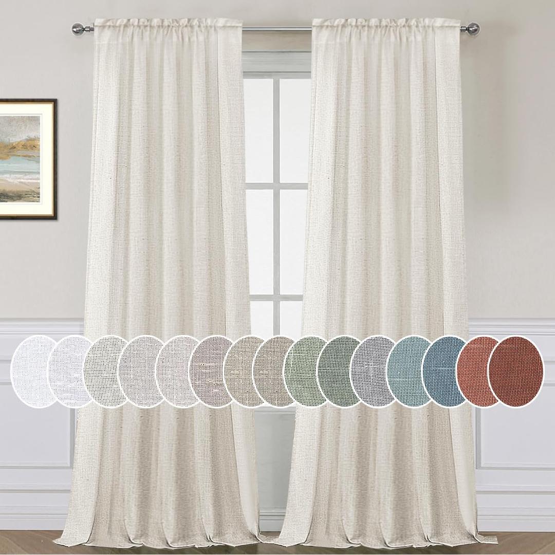 H.VERSAILTEX Natural Linen Curtains 108 Inches Long for Living Room 2 Panels Rod Pocket Draperies Soft Cotton Textured Semi Sheer Linen Curtains for Large Window Vertical 9 FT Tall, Heathered Natural