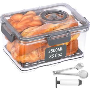 CEYAZYE Bread Box for Kitchen Storage, Vacuum Airtight Container with Time Recording, Seal Countertop Bread Holder for Homemade Toast Bagel Donut Roll Bun (Tongs & Pump)